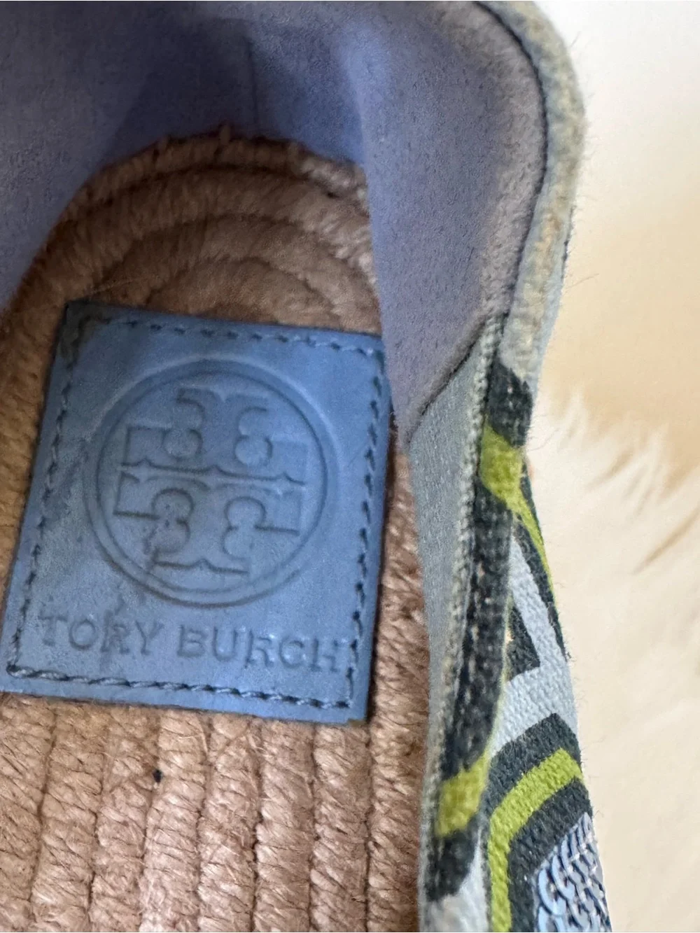 Authentic Tory Burch Blue, Green & Cream Geometric Espadrilles Size 8 like New
